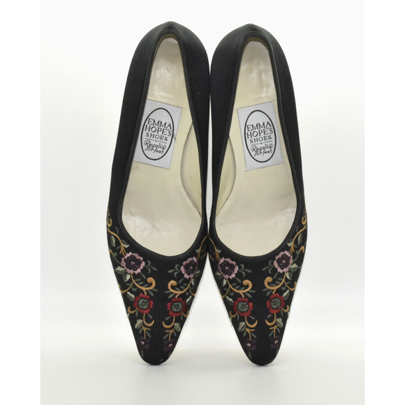 A0 Auth EMMA HOPES Black Satin Floral Embroidered Pump Heels Shoes Size 38.5 - Picture 3 of 6